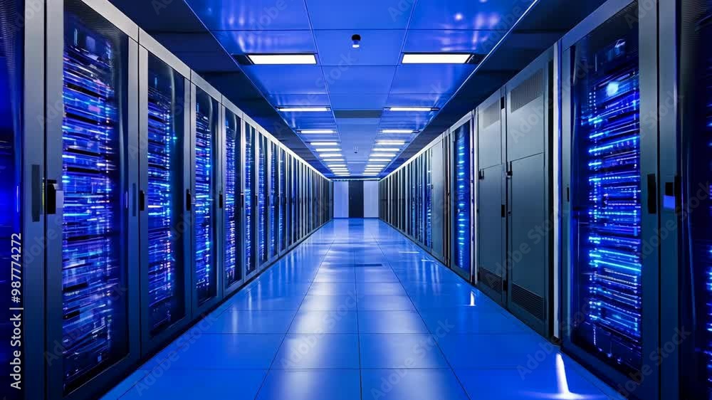 Poster exploring a high-tech data center with rows of servers and vibrant blue lighting