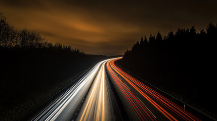 Langzeitbelichtung - Autobahn - Strasse - Traffic - Travel - Background, Highway Light Trails with Long Exposure at Night, Vibrant and Dynamic Motion.