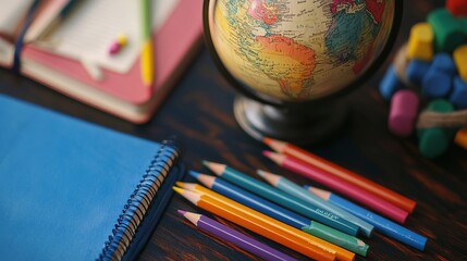 Exploring Creativity: A Colorful Collection of Pencils, Wax Chalks, Notebooks, and a Globe for Inspiring Learning Adventures in the Classroom






