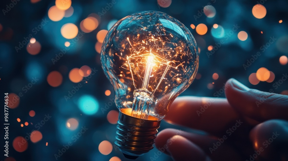 Poster close-up of a glowing light bulb held by a hand with a bokeh background