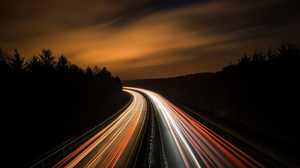Fototapeta premium single light trail on the freeway at night, At dusk, the car's light rail lights up on the rural highways.