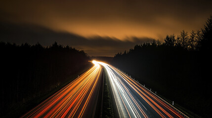 Fototapeta premium Moving car lights on highway at night longDynamic time-lapse of a busy highway at dusk, capturing vibrant light trails.