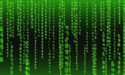 Hacking data Digital number error. Abstract Binary code background. Green light number errors system. Hacking in progress. Abstract digital lighting background.computer program has a problem