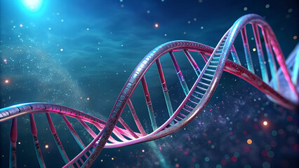 Digital illustration of DNA double helix structure in cosmic background