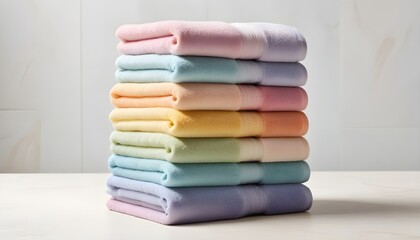 Piles of neatly folded towels in various pastel colors