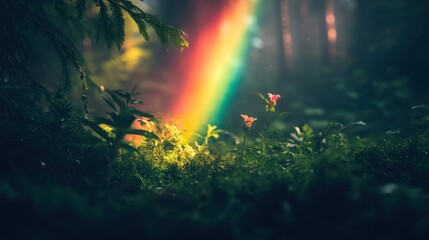 A serene forest scene with a vibrant rainbow and delicate flowers amidst lush greenery.