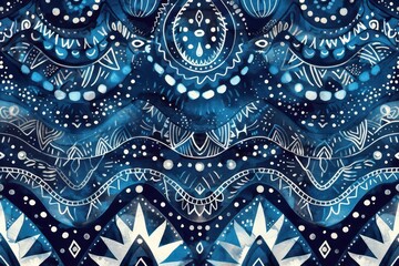 Fototapeta premium Navajo Aztec Abstract blue pattern featuring intricate designs and textures suitable for backgrounds, textiles, or artistic projects.