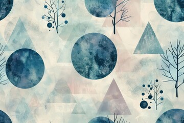 Navajo Aztec Abstract pattern featuring geometric shapes and natural elements in soft blue and pastel tones, perfect for modern designs.
