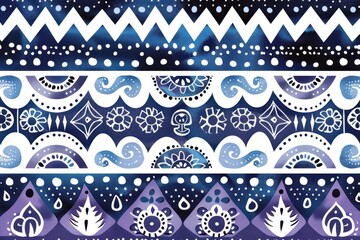 Navajo Aztec Colorful abstract patterned design featuring waves, flowers, and geometric shapes in vibrant blue and white tones.