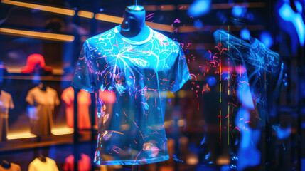 Luxury T-shirt mockup displayed in a futuristic, high-end environment where the shirt's fabric changes texture and pattern to reflect its premium quality