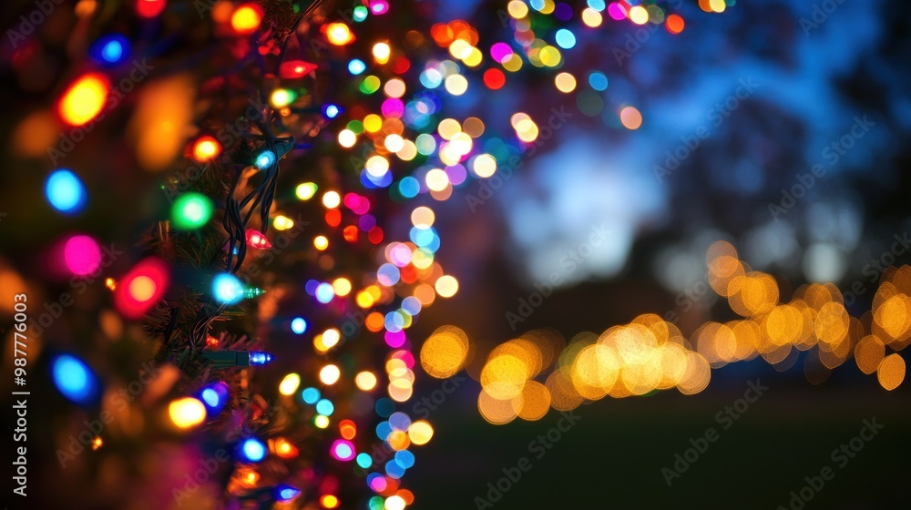 Poster a vibrant display of colorful lights creating a festive atmosphere in a blurred background.