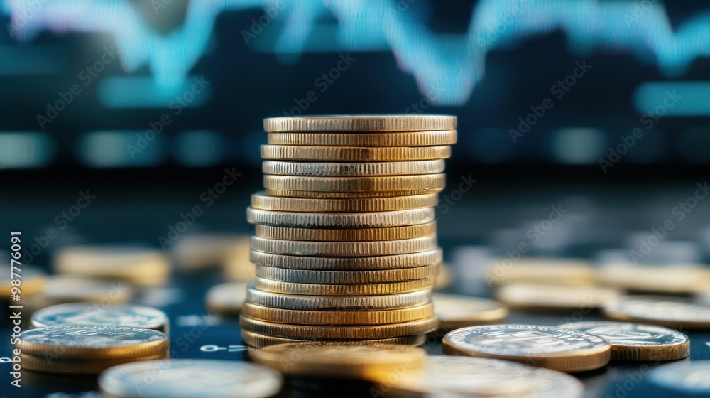 Poster a stack of coins with a blue and white chart in the background