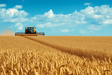 Obraz premium Combine harvester working in a wheat field during a sunny day