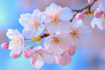 Close up of Delicate Pink and White Cherry Blossoms in Spring