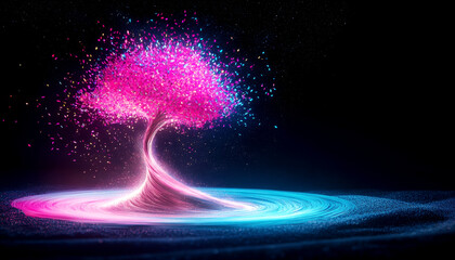 A glowing tree with multicolored leaves floating in a starry sky, symbolizing the limitless imagination