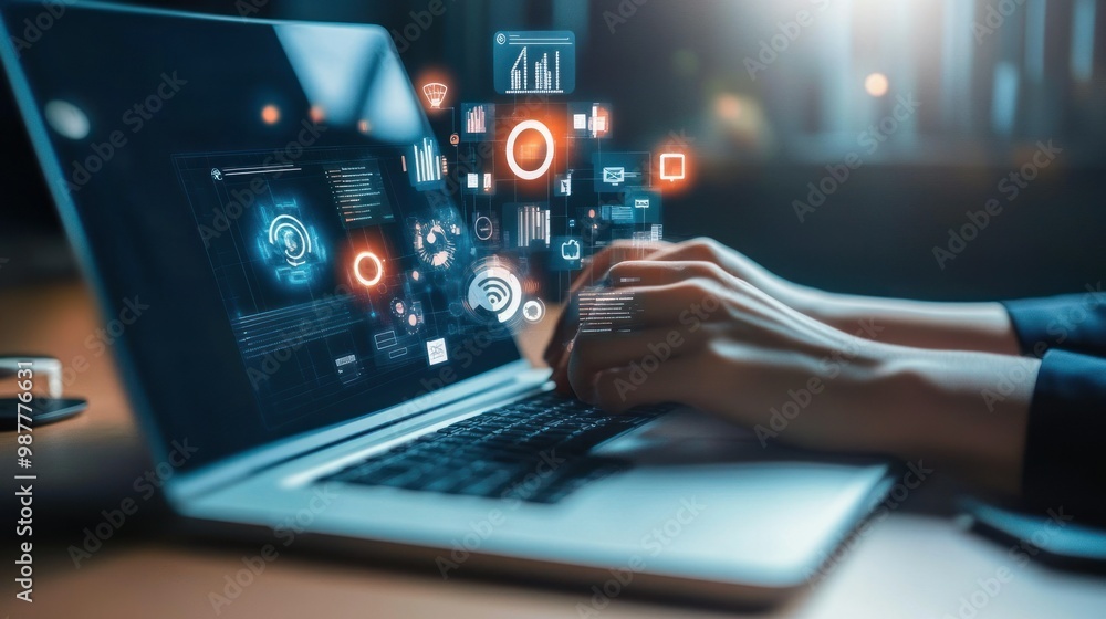 Poster hands typing on laptop with holographic interface and data