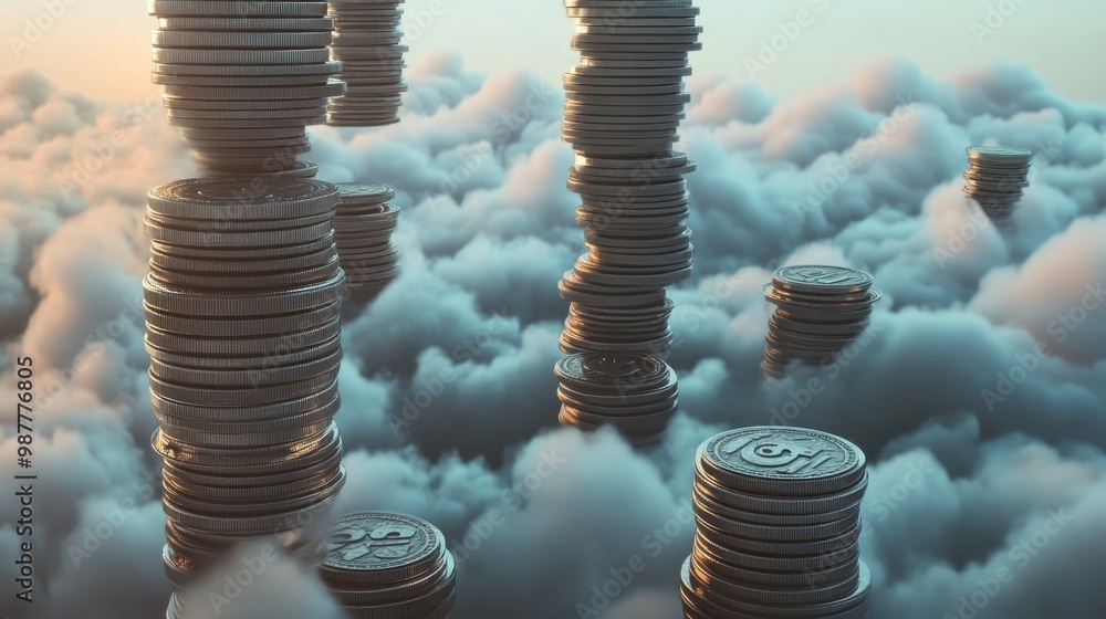 Poster stacks of coins floating in a sky of clouds
