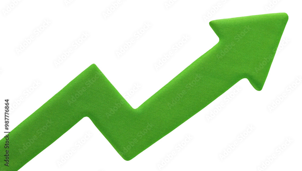 Poster green up arrow with bumpy texture isolated on transparent background.
