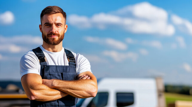 A worker stands next to a site where a parked transporter van is ready