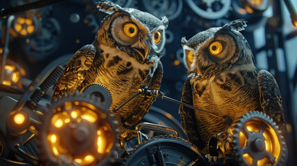 Owls adjusting glowing gears inside a marketing automation machine that powers endless digital campaigns