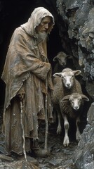 Biblical motif, elderly shepherd in tattered robes stands at entrance of dark cave, accompanied by few sheep. shepherd exudes sense of wisdom and resilience, with weathered face and strong connection