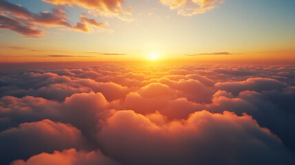 Beautiful bright dramatic sunset sky with fluffy clouds a view from above. Sky background.