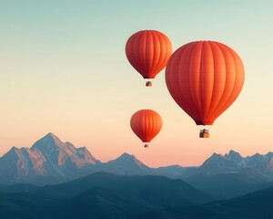 Fototapeta premium Hot air balloons hovering over a tranquil mountain plateau, surrounded by distant peaks and a clear sky