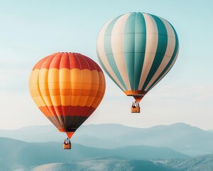 Fototapeta premium Hot air balloons drifting gently above mist-covered mountains, calm and ethereal scenery