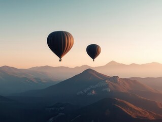 Fototapeta premium Hot air balloons drifting gently over a mountain ridge at twilight, soft colors and peaceful atmosphere