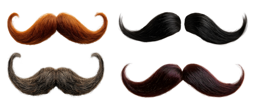 Collection Set of mustache moustache on transparent cutout PNG file. Many different style. Mockup template for artwork design