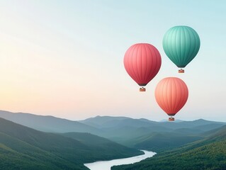 Naklejka premium Balloons floating over a peaceful mountain ridge with a river flowing below, serene and tranquil setting
