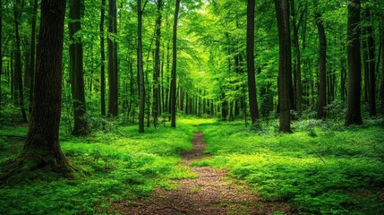 Fototapeta premium Lush green forest with a winding path, inviting exploration and tranquility.