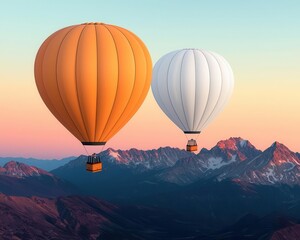 Fototapeta premium Hot air balloons hovering over a tranquil mountain plateau, surrounded by distant peaks and a clear sky
