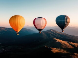 Fototapeta premium Colorful balloons flying over serene mountain ridges, soft morning light, peaceful and quiet atmosphere