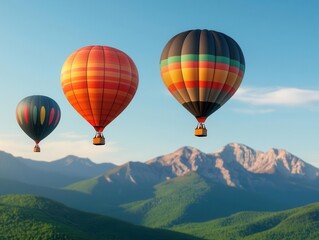 Naklejka premium Hot air balloons gliding over a peaceful valley surrounded by majestic mountains, clear skies and serene vibes