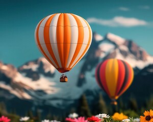 Fototapeta premium Hot air balloons floating over a tranquil mountain meadow, wildflowers in bloom, peaceful and idyllic scene