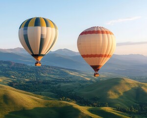 Naklejka premium Hot air balloons soaring over a green mountain valley at dawn, mist rising, creating a calm and peaceful scene