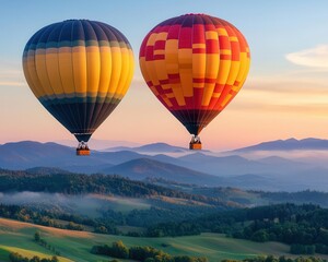 Naklejka premium Hot air balloons soaring over a green mountain valley at dawn, mist rising, creating a calm and peaceful scene
