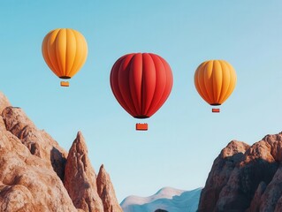 Obraz premium Balloons drifting peacefully over a canyon surrounded by towering mountains, creating a tranquil scene