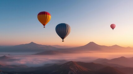 Fototapeta premium Balloons gliding above mist-covered mountains at sunrise, creating a serene and ethereal landscape