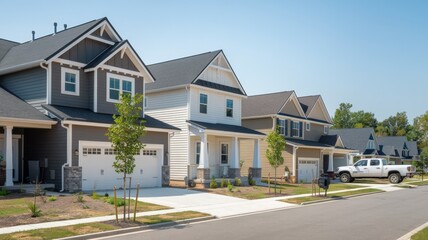 A photo of a serene suburban neighborhood with multiple two-story houses. These homes feature a mix of siding colors, including gray, beige, and white, with gabled roofs. The houses have garages