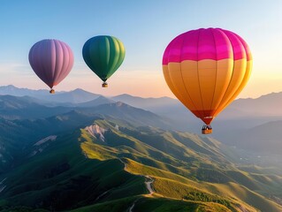 Naklejka premium Colorful balloons flying over serene mountain ridges, soft morning light, peaceful and quiet atmosphere