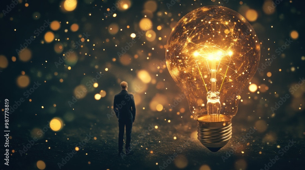 Poster a man gazing at a large lightbulb with a network of connections inside