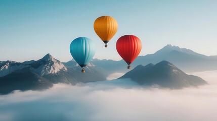 Balloons drifting above a foggy mountain range, only peaks visible, creating a peaceful and dreamlike scene