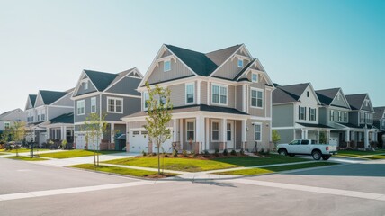 Obraz premium A photo of a serene suburban neighborhood during a sunny day. There are multiple two-story houses with a mix of siding colors, including gray, beige, and white, and gabled roofs.