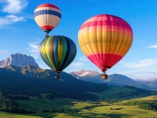 Obraz premium Hot air balloons soaring above a lush green valley with mountain peaks in the background, peaceful and idyllic