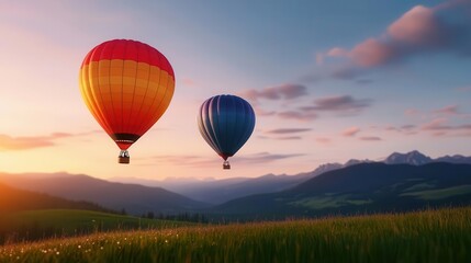 Obraz premium Hot air balloons drifting above a quiet alpine meadow at dawn, dew-covered grass and peaceful surroundings