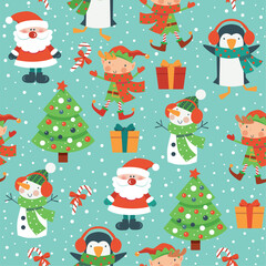 Seamless Christmas pattern with Santa, snowman, tree,  elf and snow on blue background, 
