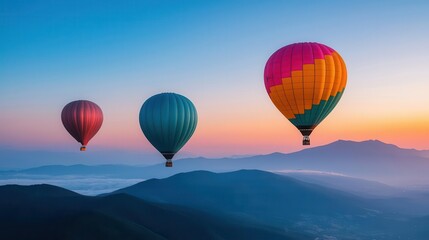 Fototapeta premium Balloons gliding above mist-covered mountains at sunrise, creating a serene and ethereal landscape
