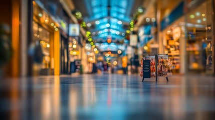 Fototapeta premium A blurred foreground of an interior view of a shop in a shopping mall is the main subject of this photograph. The store's interior is visible in the background. 